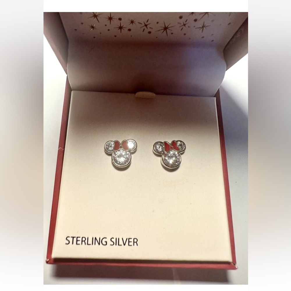 Minnie Stud Earrings w Enamel Red Bow Sterling Silver Cubic Zirconia 925 Stamped